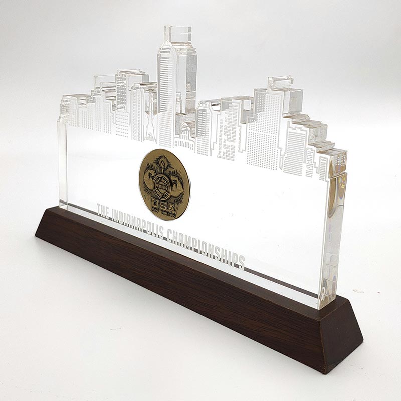 Custom made Clear Building Reflection Acrylic Award with Wood Base
