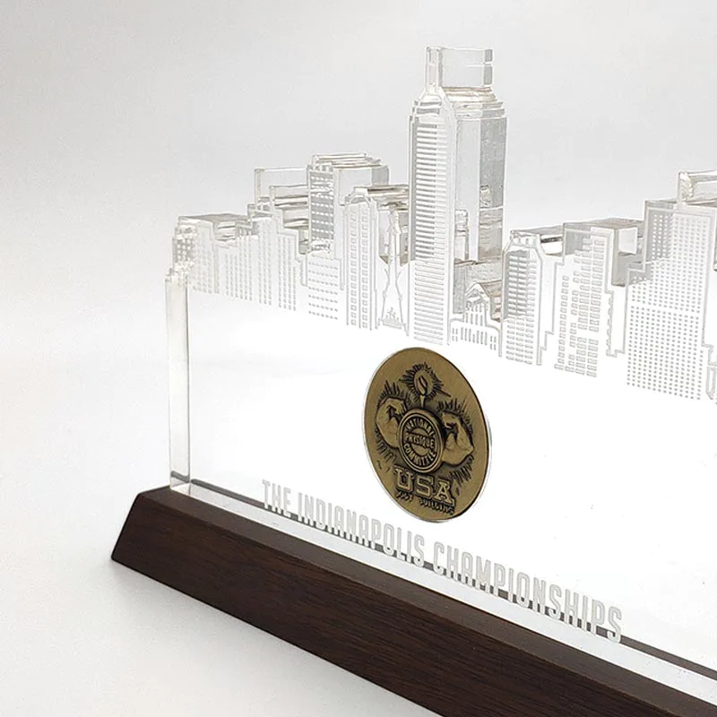 Custom made Clear Building Reflection Acrylic Award with Wood Base