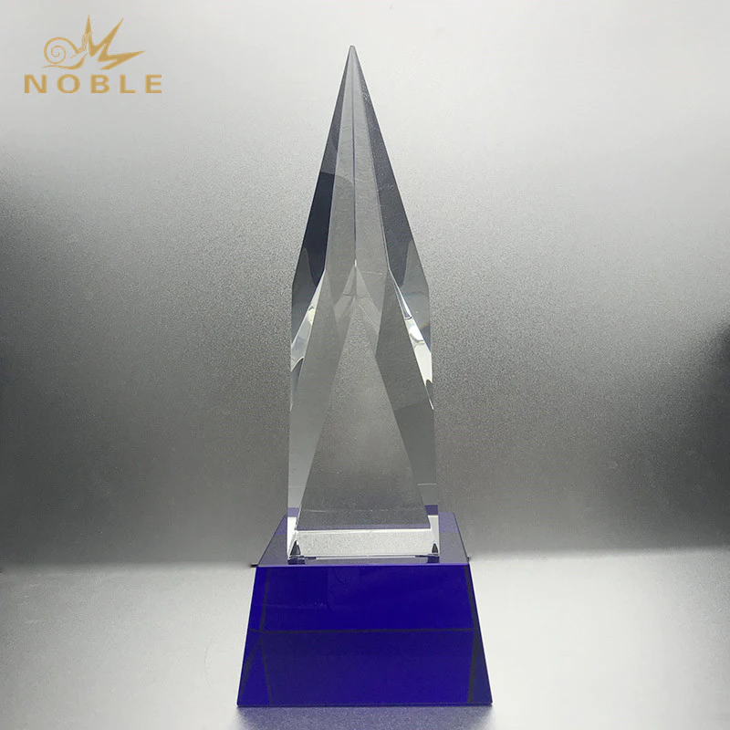 Clear Crystal Glass Diamond Peak Award Plaque with Blue Base