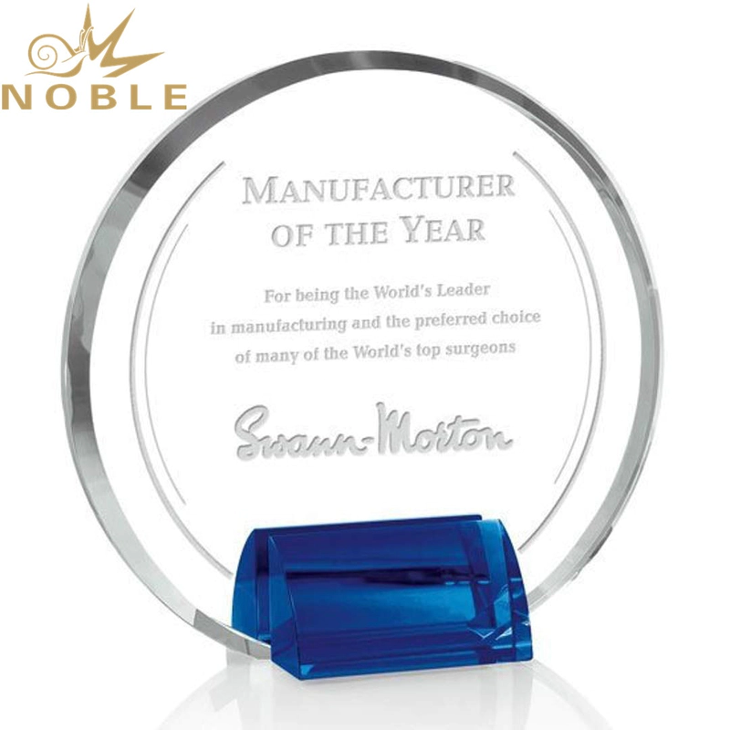 Noble Custom Engraving Round Crystal Plaque Award with Blue Base