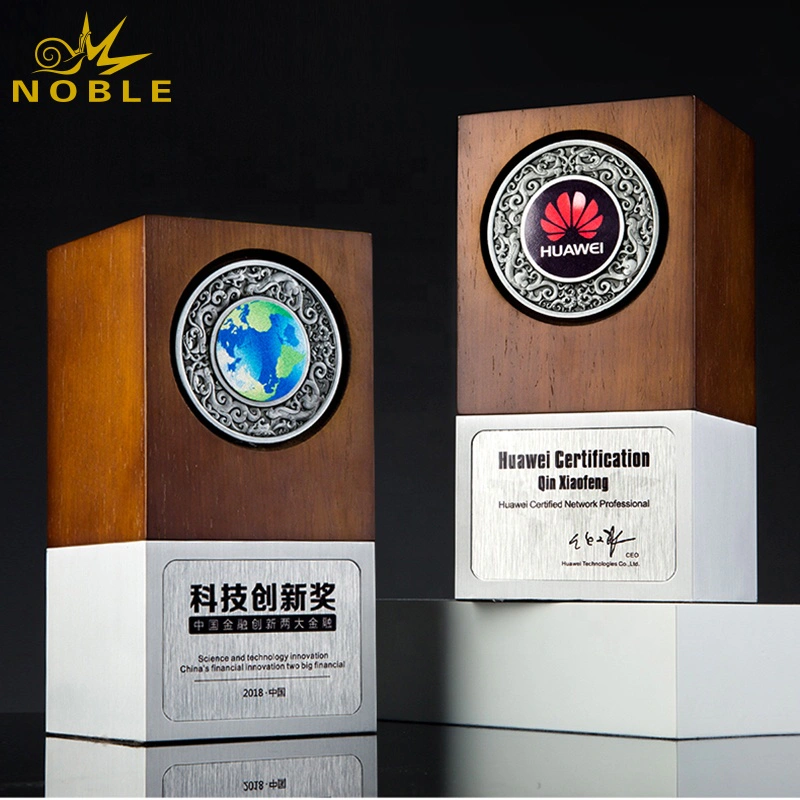 Noble custom metal base wood trophy with medal inserting