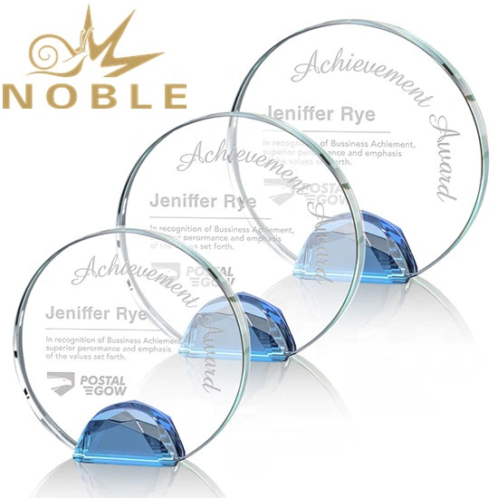 Custom Engraving Optical Crystal Award with a sparkling multifaceted Blue Optical crystal base