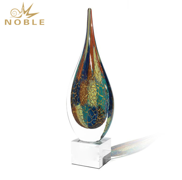 Multi-colored Waterdrop Blown Art Glass Trophy on Optical Crystal Base