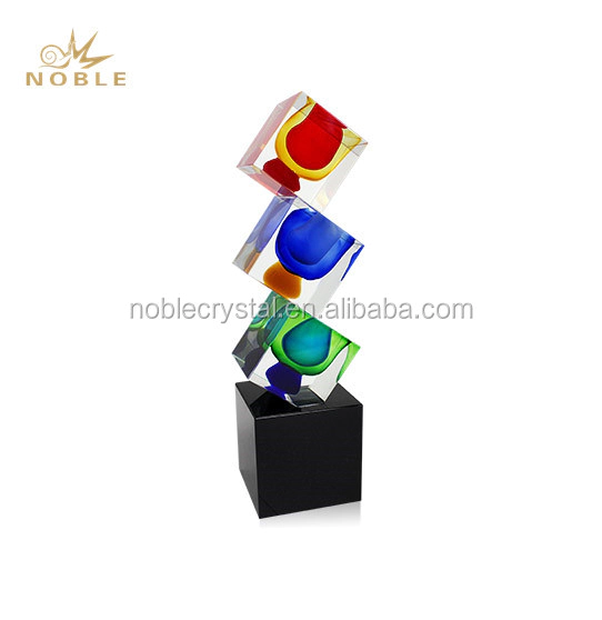 Handmade Clear Colorful Three Crystal Blocks Trophy Art Glass Award