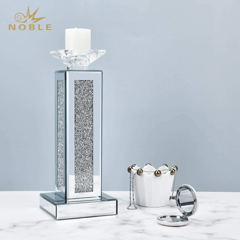 Noble New Style Crush Diamond Crystal Clear Silver Mirror Glass Pillar Candle Holder