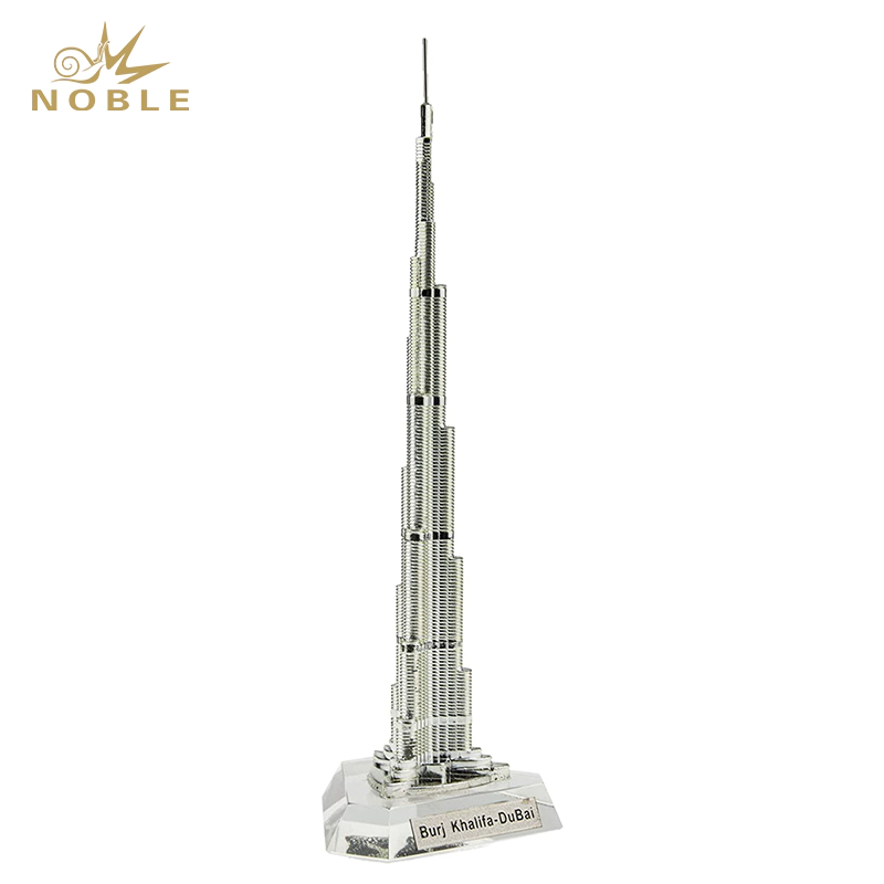 Dubai Famous Land Mark Gift Tourist Souvenir Metal Burj Khalifa Tower on Crystal Base