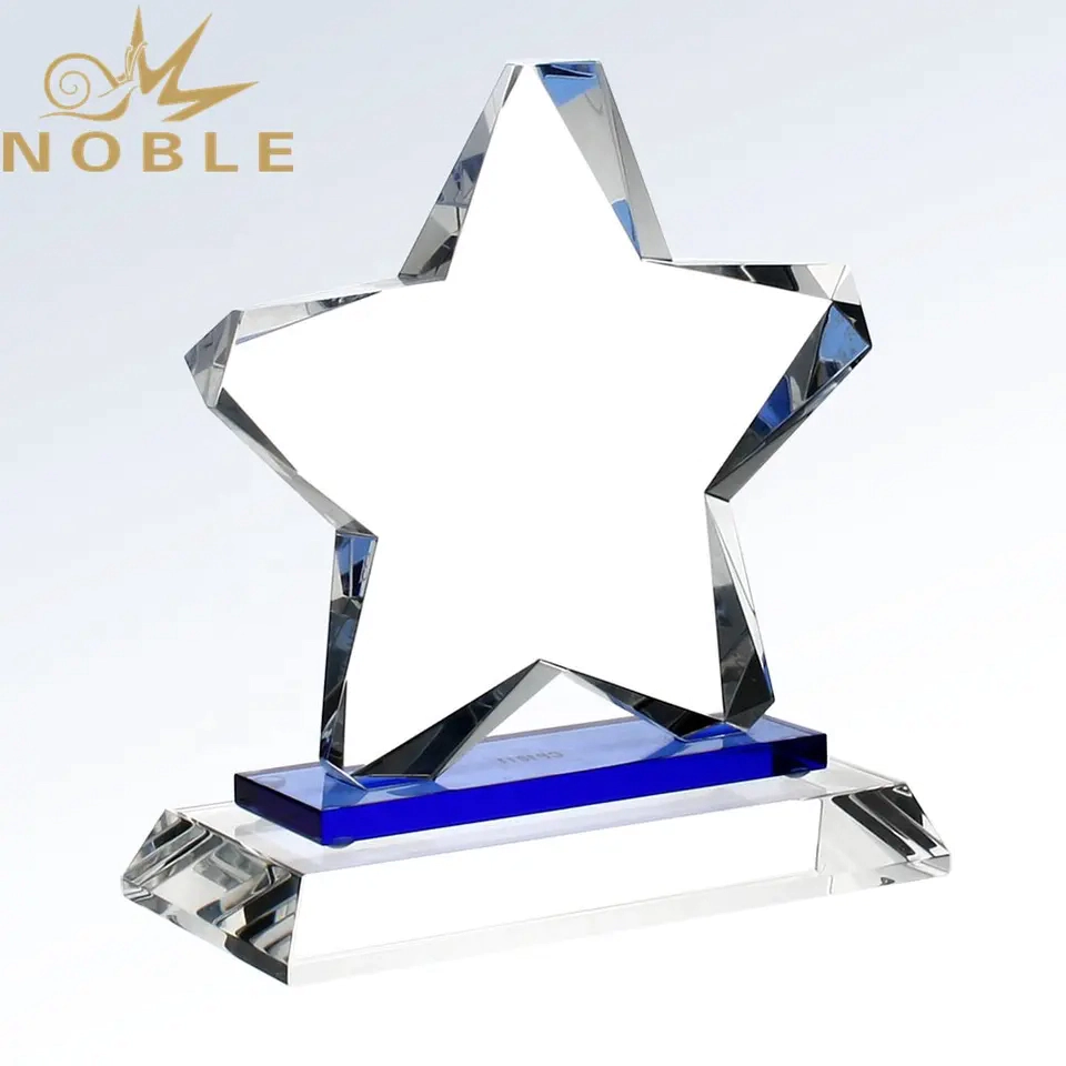 Custom design free engraving crystal star trophy with blue plate
