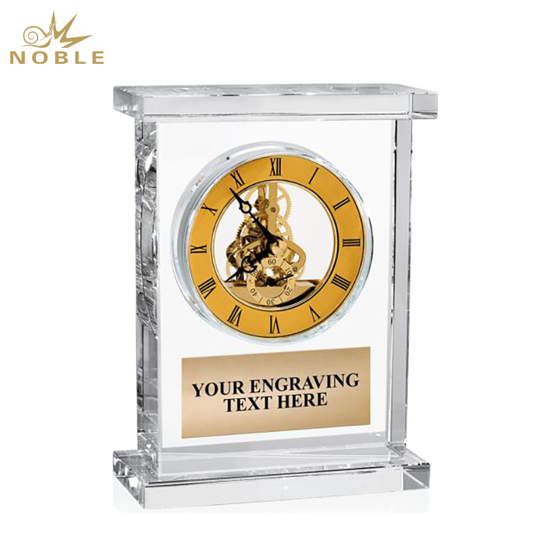 Noble Manufacturer Crystal Glass Clock Business Gift Customized Bespoke Logo Office Decoration Trophy Award Hand Craft