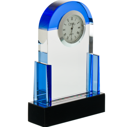 Noble Manufacturer Blue Crystal Glass Clock Business Gift Customized Bespoke Logo Office Decoration Trophy Award Hand Craft