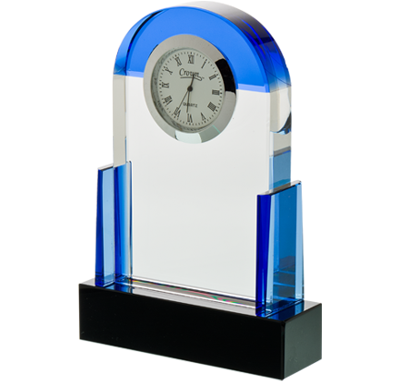Noble Manufacturer Blue Crystal Glass Clock Business Gift Customized Bespoke Logo Office Decoration Trophy Award Hand Craft