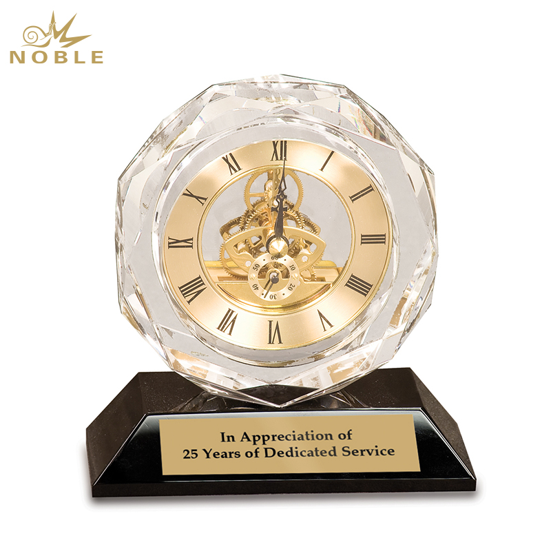 Noble Manufacturer Crystal Glass Clock Business Gift Customized Bespoke Logo Office Decoration Trophy Award Hand Craft Plaque