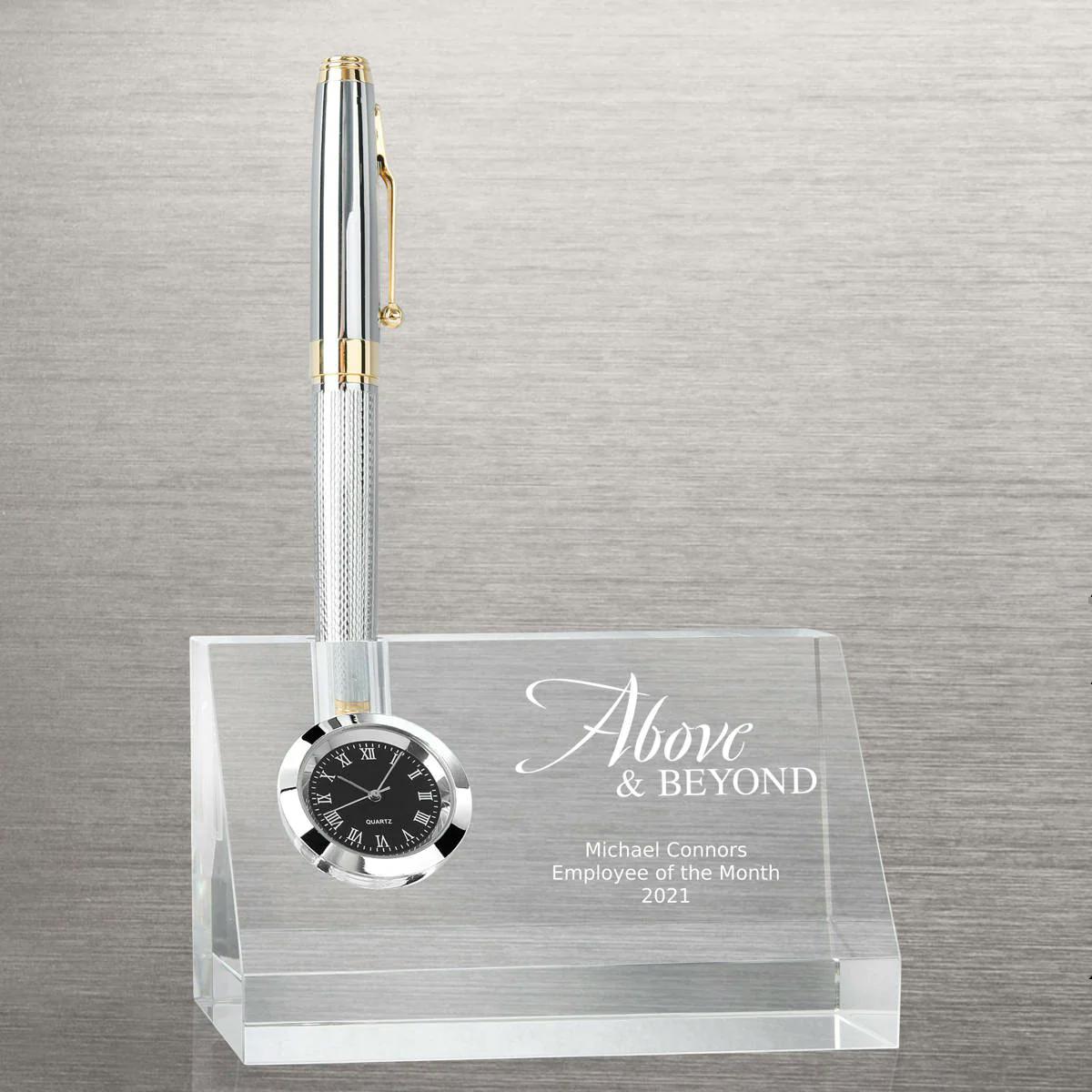 Noble Manufacturer Crystal Glass Clock Business Gift Customized Bespoke Logo Office Decoration Trophy Award Hand Craft Plaque
