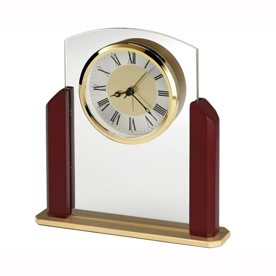 Noble Manufacturer Glass Clock With Red Wooden Base Business Gift Customized Logo Office Decoration Trophy Award Craft Plaque