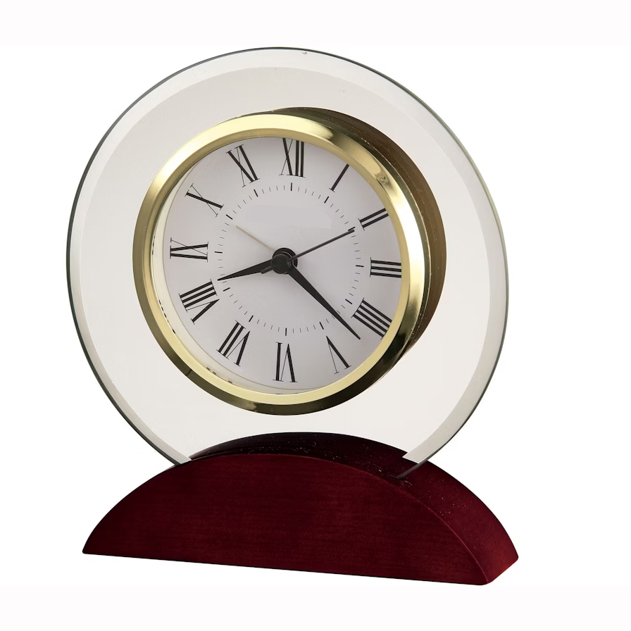 Noble Manufacturer Glass Clock With Red Wooden Base Business Gift Customized Logo Office Decoration Trophy Award Craft Plaque