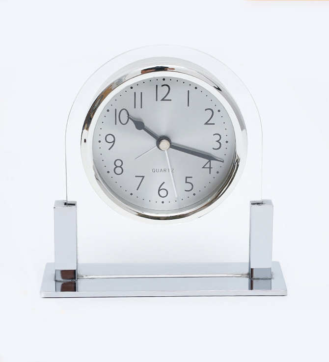 Noble Glass Clock Silver Metal Base Business Gift Customized Logo Office Home Decoration Trophy Award Craft Tabletop Clock