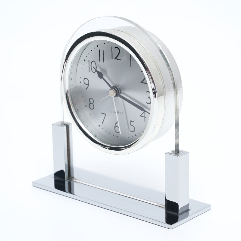 Noble Glass Clock Silver Metal Base Business Gift Customized Logo Office Home Decoration Trophy Award Craft Tabletop Clock
