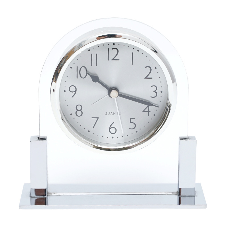 Noble Glass Clock Silver Metal Base Business Gift Customized Logo Office Home Decoration Trophy Award Craft Tabletop Clock