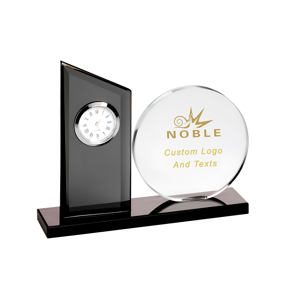 Noble Manufacturer's Customized Crystal Glass Clock Sports-Themed Office Decoration Bespoke Logo Handcrafted Trophy Table Clock